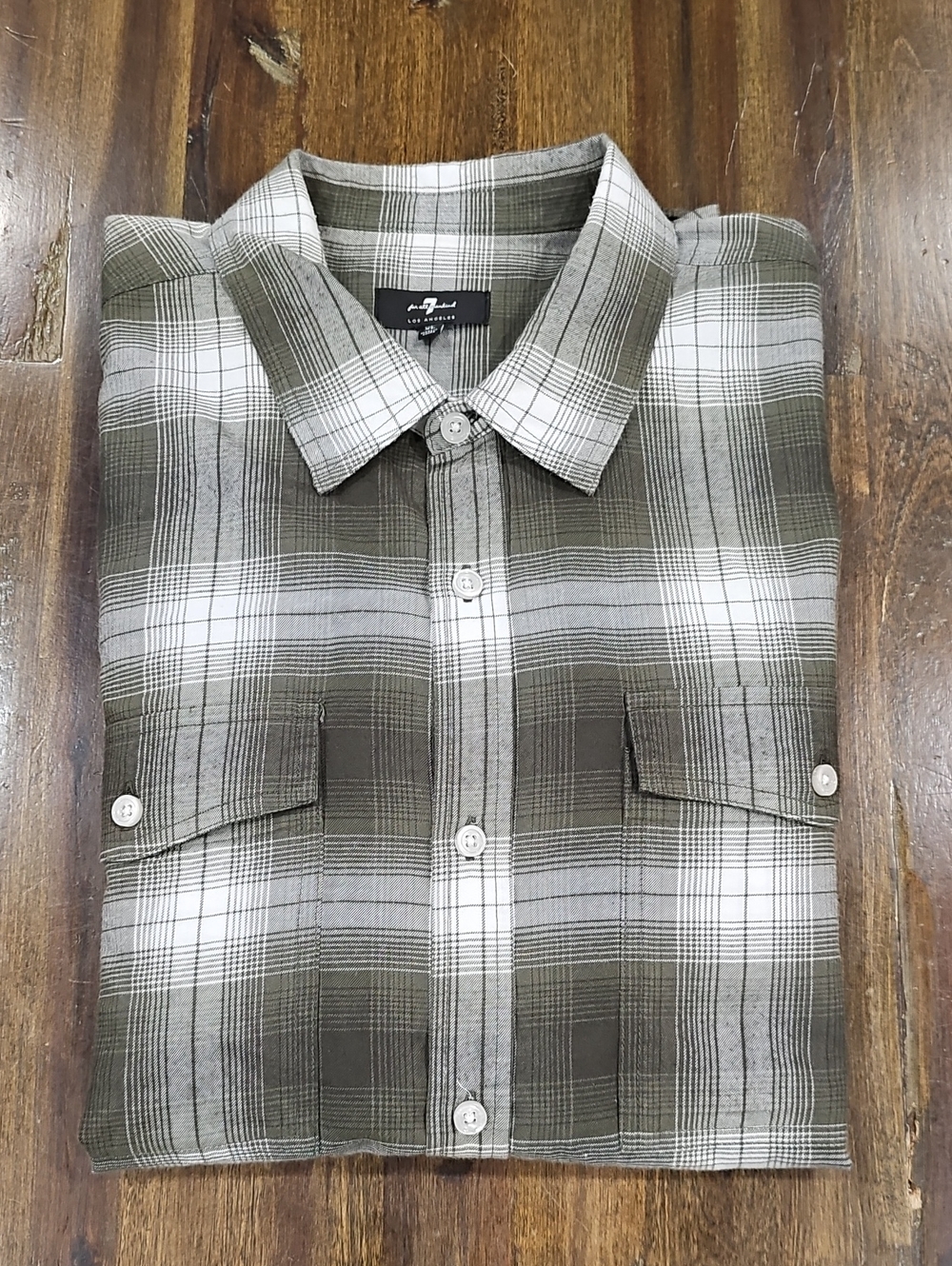 7 For All Mankind Olive and White Plaid Lightweight Flannel